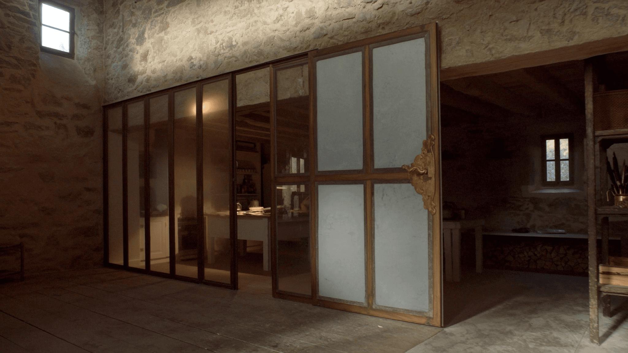 Verrière atelier longère XVIIIe proximité château de Courances Essonne Gâtinais — profil acier S235JR T 40×40 mm patine bronze antique sur mesure Yann + laiton fait main fonderie Bois-d'Arcy + verre clair feuilleté Saint-Gobain Diamant 8+8 mm — ABF Courances XVIIe MH accepté 1ère instruction