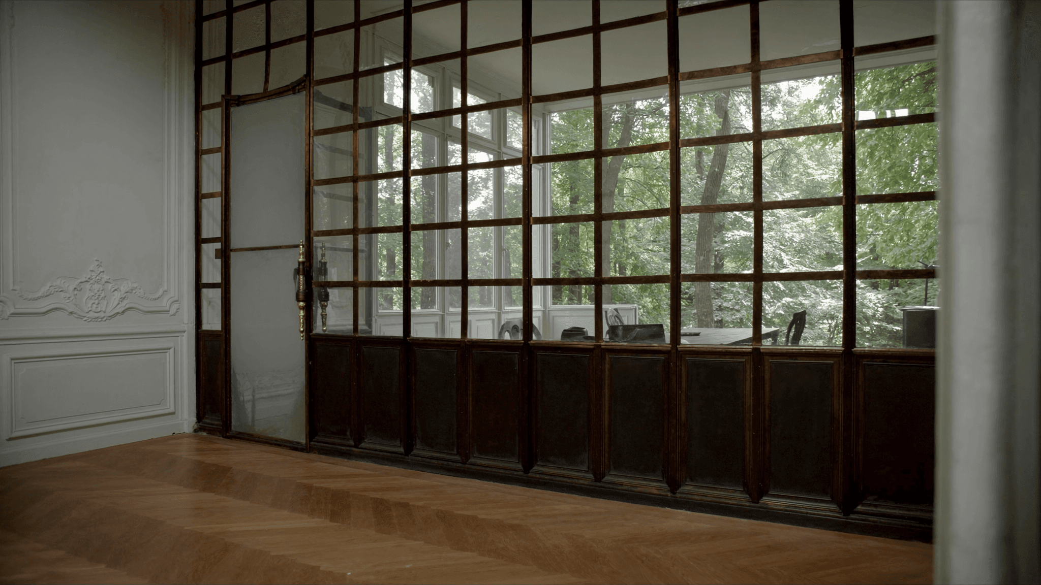 Verrière atelier maison de caractère lisière forêt domaniale de Sénart Quincy-sous-Sénart 91480 — profil acier S235JR T 40×40 mm patine bronze antique sur mesure + laiton fait main fonderie Bois-d'Arcy + verre clair feuilleté Saint-Gobain Diamant 8+8 mm — DP mairie acceptée 1ère instruction