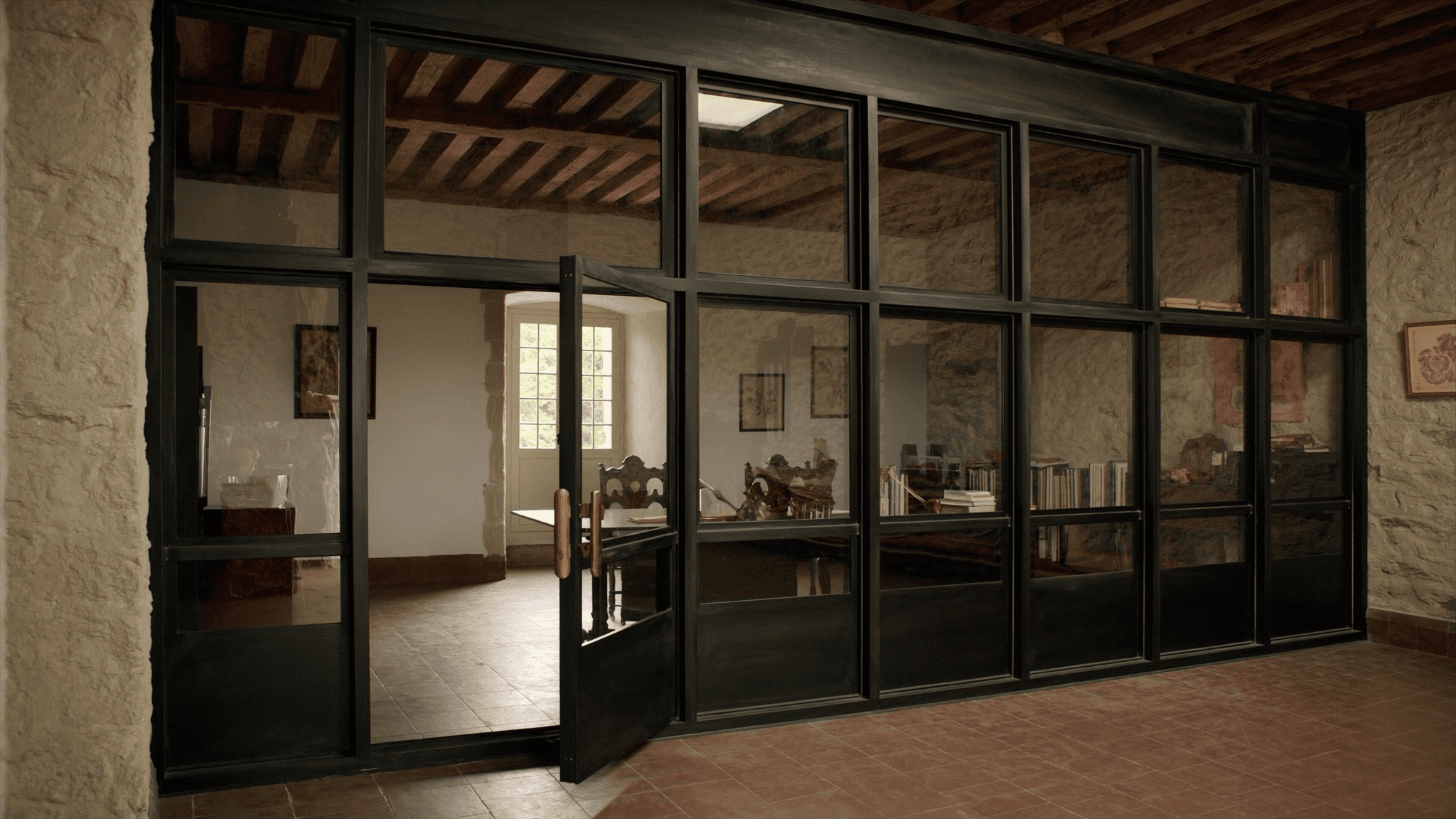 Verrière atelier maison ancienne village Plateau Saclay Saint-Aubin 91190 — profil S235JR T 40×40 mm patine bronze antique Yann + laiton fait main fonderie Bois-d'Arcy + verre clair feuilleté Saint-Gobain Diamant 8+8 mm — voisinage INRAE Saint-Aubin + Synchrotron SOLEIL CEA-CNRS + église XIIe-XVIe MH + PNR Chevreuse