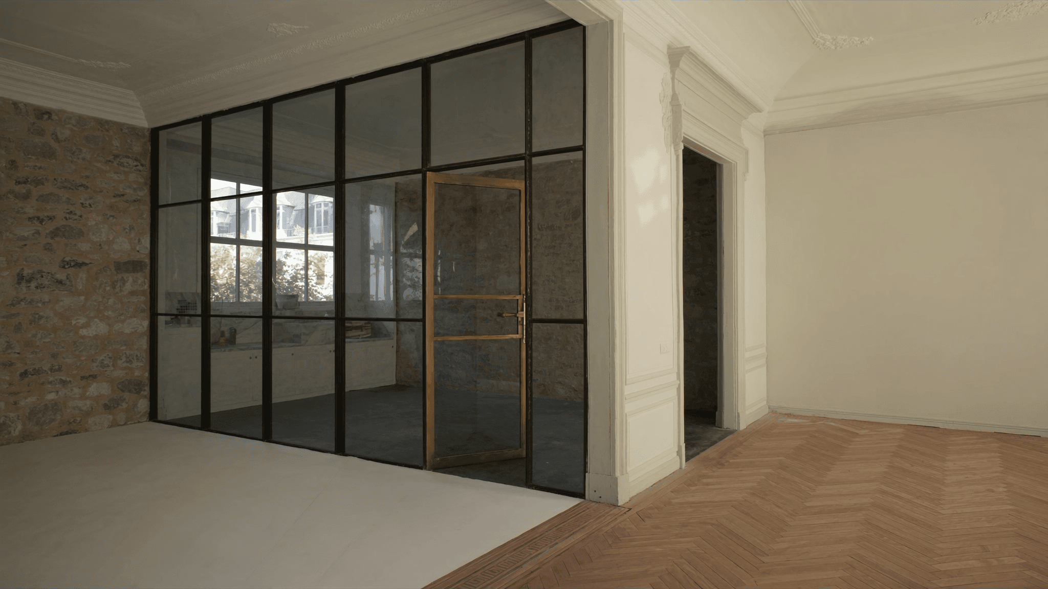 Verrière atelier pavillon meulier 1908 Viry-Châtillon centre historique — profil acier T 40 mm patine bronze antique sur mesure + laiton fait main fonderie Bois-d'Arcy + verre clair feuilleté Saint-Gobain Diamant 8+8 mm — ABF église Saint-Denys XIIe accepté 1ère instruction