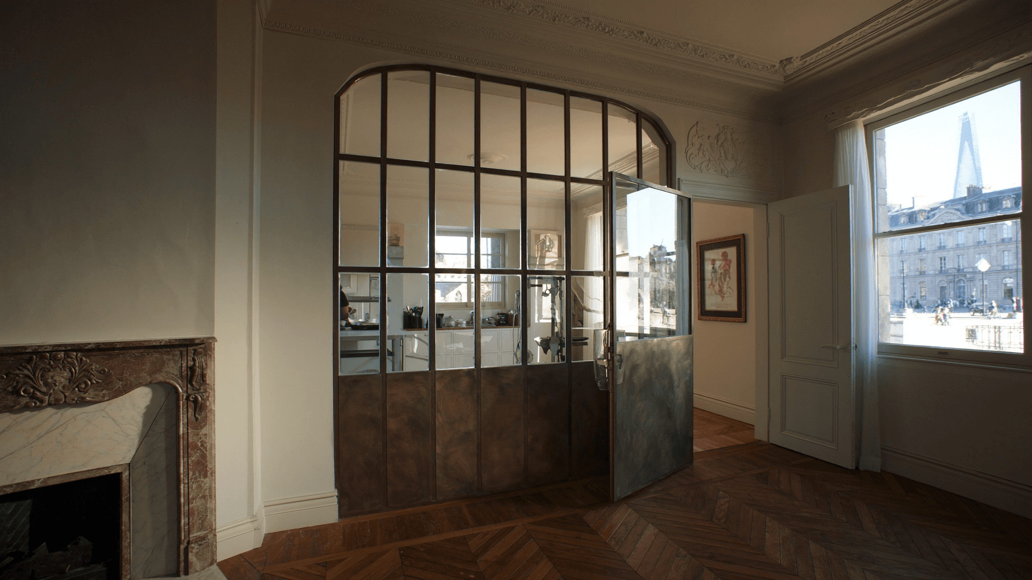 Verrière atelier Puteaux 92800 La Défense + Vieux Puteaux Belle Époque — profil acier T 40 × 40 mm patine bronze antique par Yann + vitrage Saint-Gobain Diamant 8+8 mm + laiton fait main fonderie Bois-d'Arcy 22 km