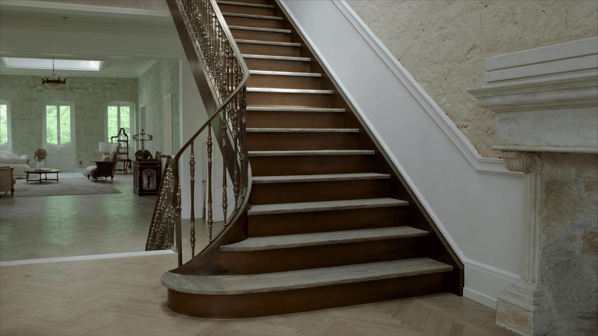 Escalier quart-tournant acier S235JR patiné bronze antique + chêne fumé 40 mm — pavillon Avrainville 91630 lotissement centre — garde-corps barreaudage vertical T 40×40 mm AZ Construction atelier Bruyères-sur-Oise 60 km via A86 + A6 + N20