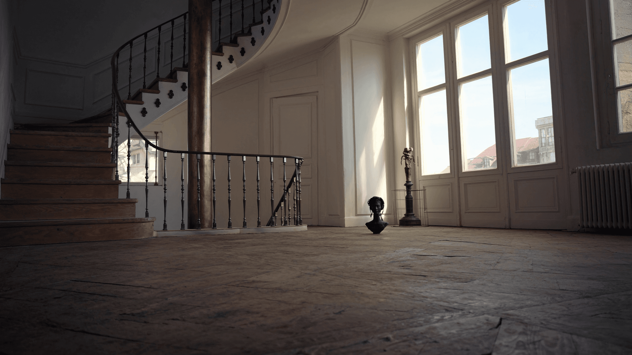 Escalier quart-tournant acier S235JR patiné bronze antique + chêne fumé 40 mm — pavillon Ballancourt-sur-Essonne 91610 lotissement vallée Essonne RD7 — garde-corps barreaudage vertical T 40×40 mm AZ Construction atelier Bruyères-sur-Oise 70 km via A86 + A6 + RD7