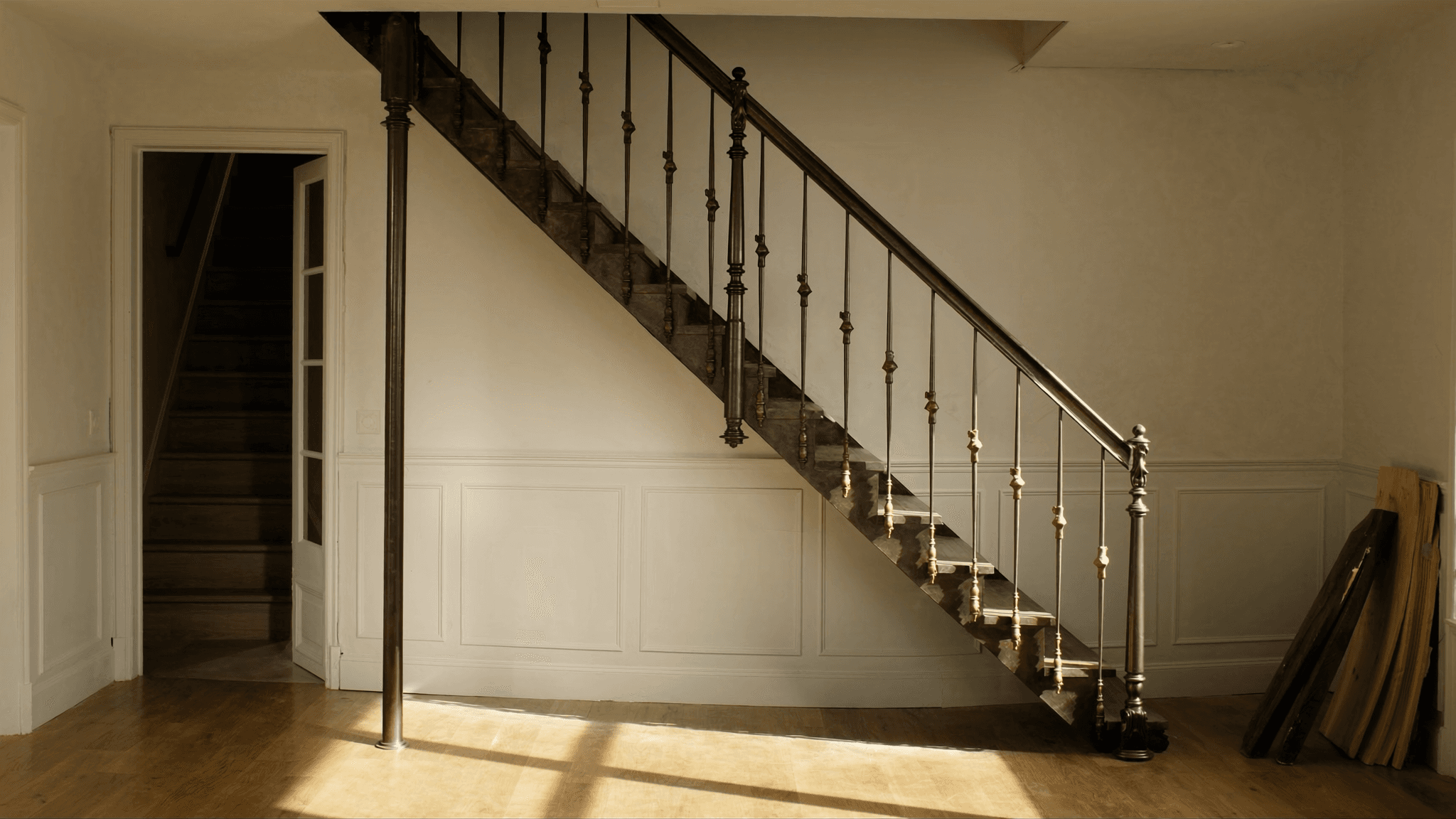 Escalier quart-tournant acier S235JR patiné bronze antique + chêne fumé 40 mm — ferme Hurepoix Boissy-le-Sec 91870 hameau rural Étampes — garde-corps barreaudage vertical T 40×40 mm AZ Construction atelier Bruyères-sur-Oise 85 km via A86 + A6 + N20 + RD148