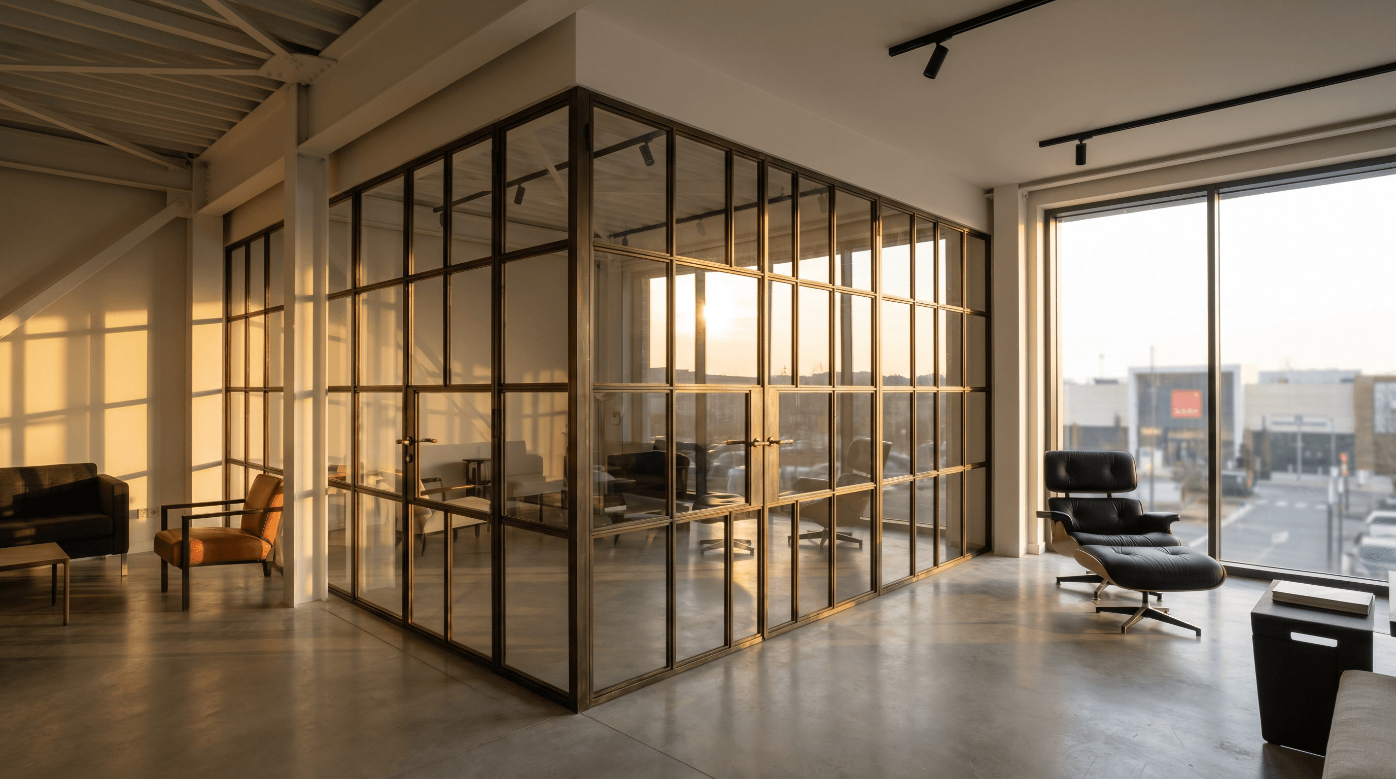 Verrière atelier loft retail + tertiaire Sénart ville nouvelle Lieusaint 77127 — profil acier S235JR 40 mm patine bronze antique sur mesure + laiton fait main fonderie Bois-d'Arcy + verre clair feuilleté Saint-Gobain Diamant 8+8 mm — proximité Carré Sénart 140 000 m²