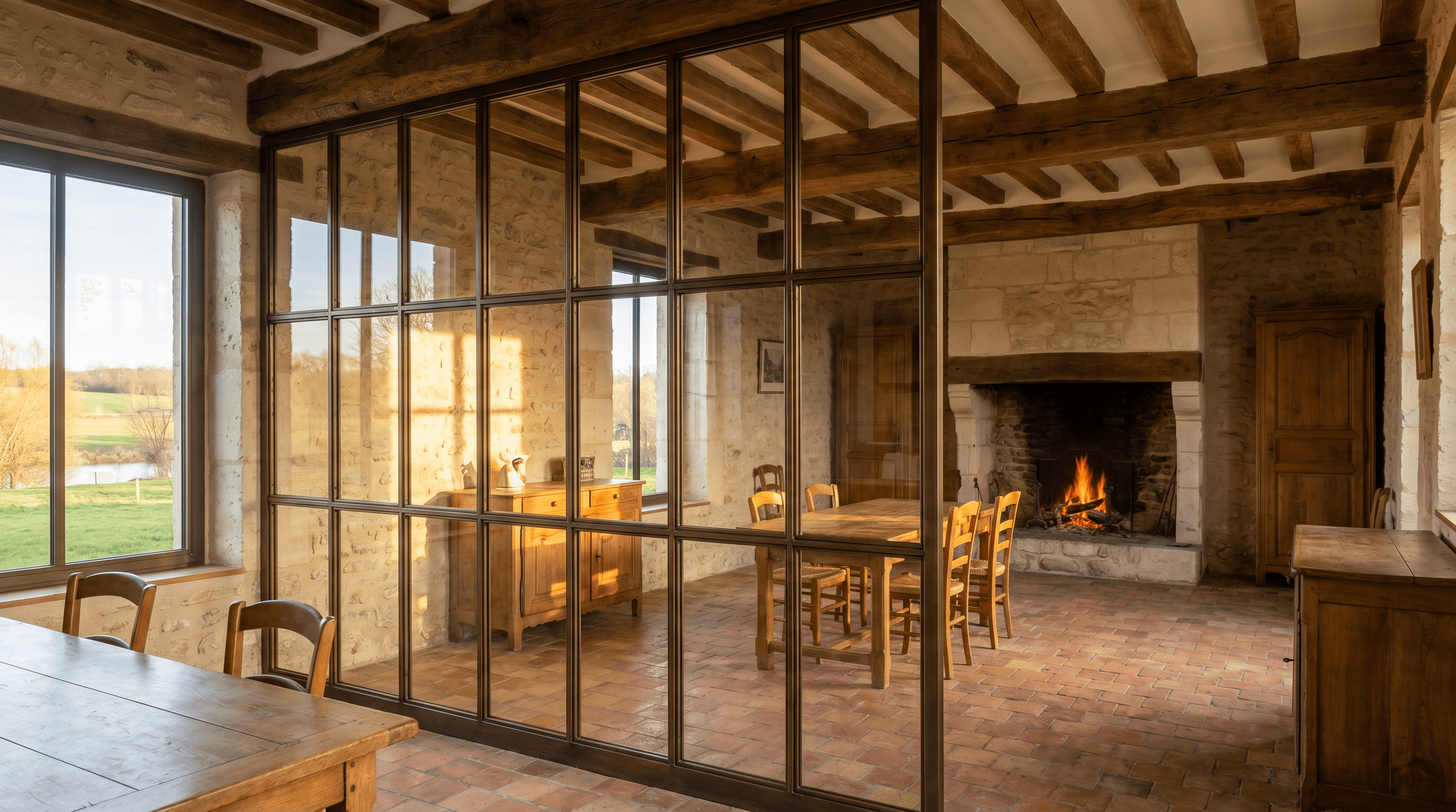 Verrière atelier longère briarde bord de Marne Mareuil-lès-Meaux 77100 — profil acier S235JR T 40×40 mm patine bronze antique sur mesure + laiton fait main fonderie Bois-d'Arcy + verre clair feuilleté Saint-Gobain Diamant 8+8 mm — ABF Meaux Saint-Médard accepté 1ère instruction
