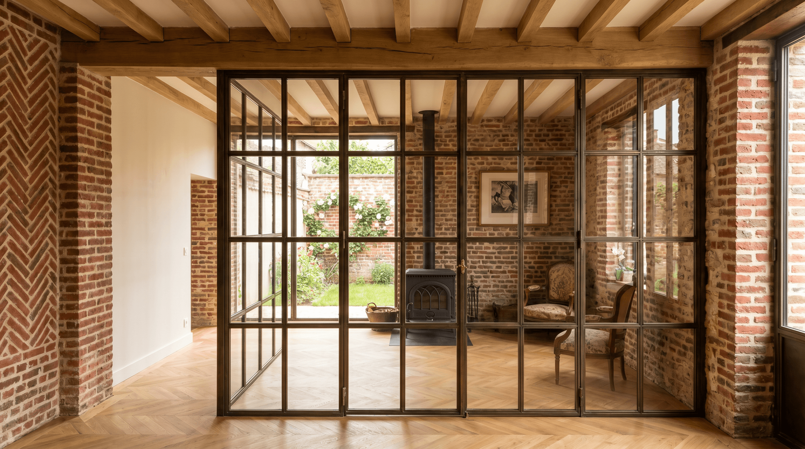 Verrière atelier pavillon brique 1923 Mitry-Mory Vieux Mitry — profil acier S235JR T 40 mm patine bronze antique sur mesure + laiton fait main fonderie Bois-d'Arcy + verre clair feuilleté Saint-Gobain Diamant 8+8 mm — ABF église Saint-Martin XIIe accepté 1ère instruction
