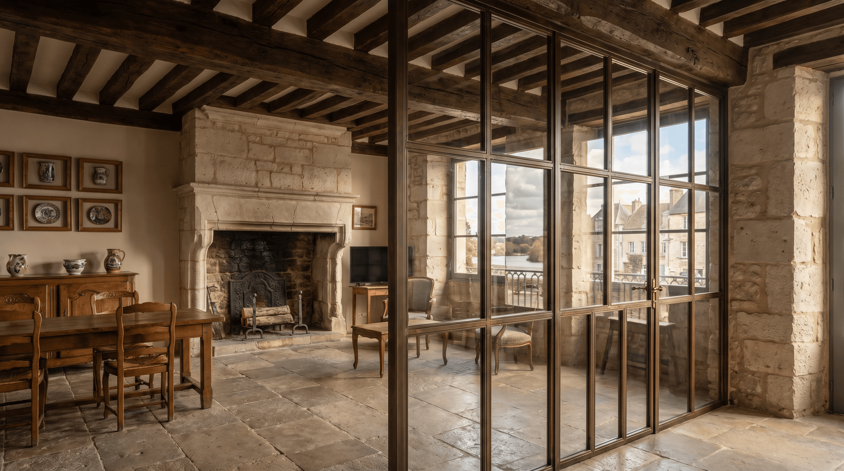 Verrière atelier maison pierre calcaire XVIIe cœur médiéval Montereau-Fault-Yonne 77130 collégiale Notre-Dame — profil acier 40 mm patine bronze antique sur mesure + laiton fait main fonderie Bois-d'Arcy + verre clair feuilleté Saint-Gobain Diamant 8+8 mm — ABF zone collégiale + viaduc accepté 1ère instruction