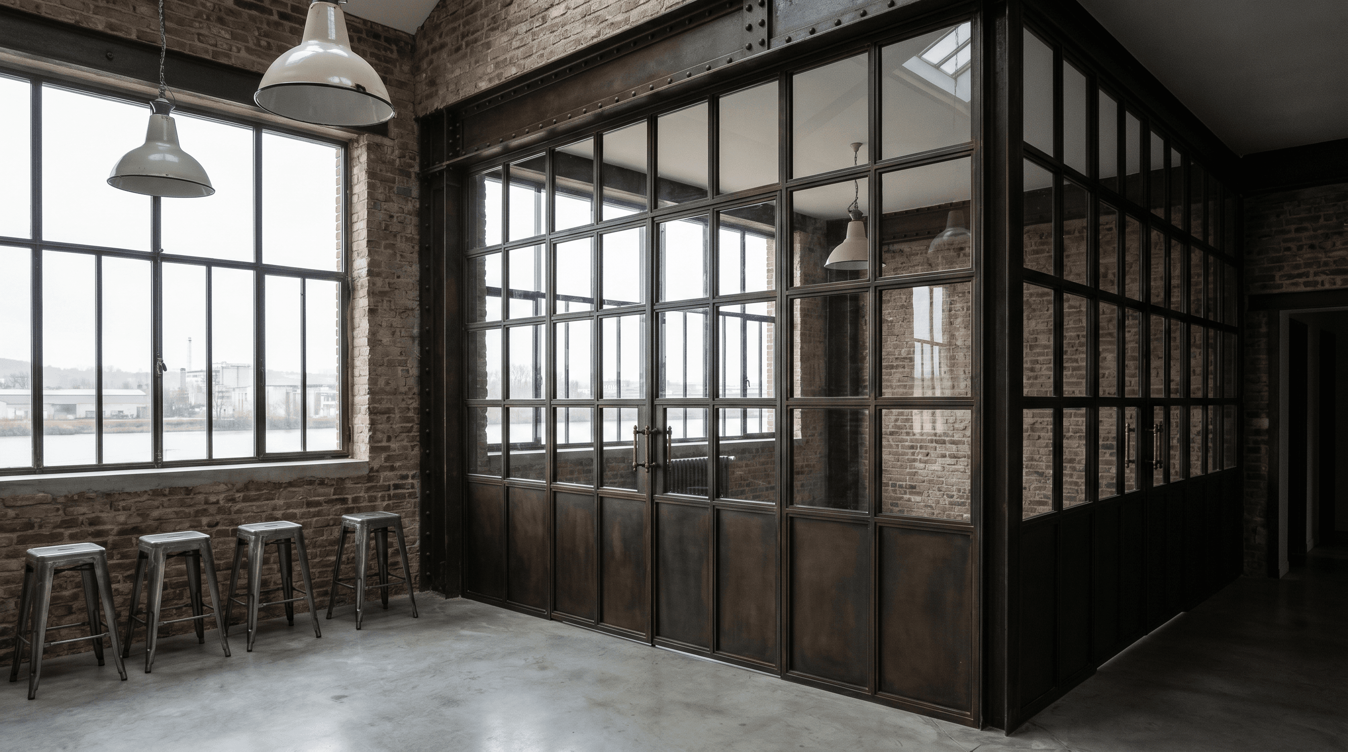 Verrière atelier maison bourgeoise bord Seine Flins-sur-Seine 78410 — profil acier S235JR T 40 mm patine bronze antique sur mesure + laiton fait main fonderie Bois-d'Arcy + verre clair feuilleté Saint-Gobain Diamant 8+8 mm — proximité Usine Renault Flins + RER + Transilien J
