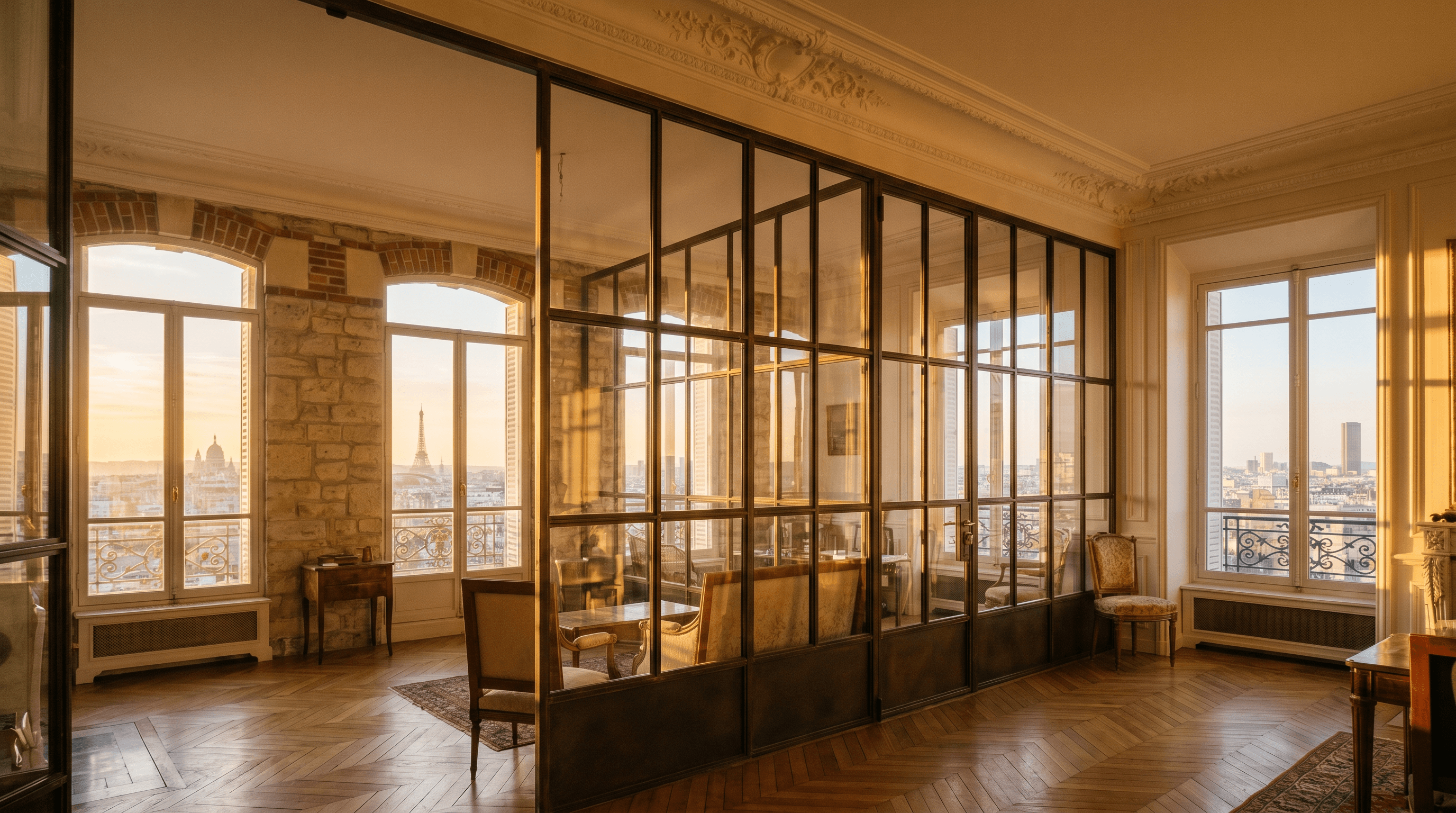 Verrière atelier pavillon meulière butte Montmagny Val-d'Oise 95360 — profil acier S235JR T 40 × 40 mm patine bronze antique sur mesure + laiton fait main fonderie Bois-d'Arcy + vitrage Saint-Gobain Diamant 8+8 mm — ABF église Saint-Thomas XIIe-XIIIe protégée accepté 1ère instruction