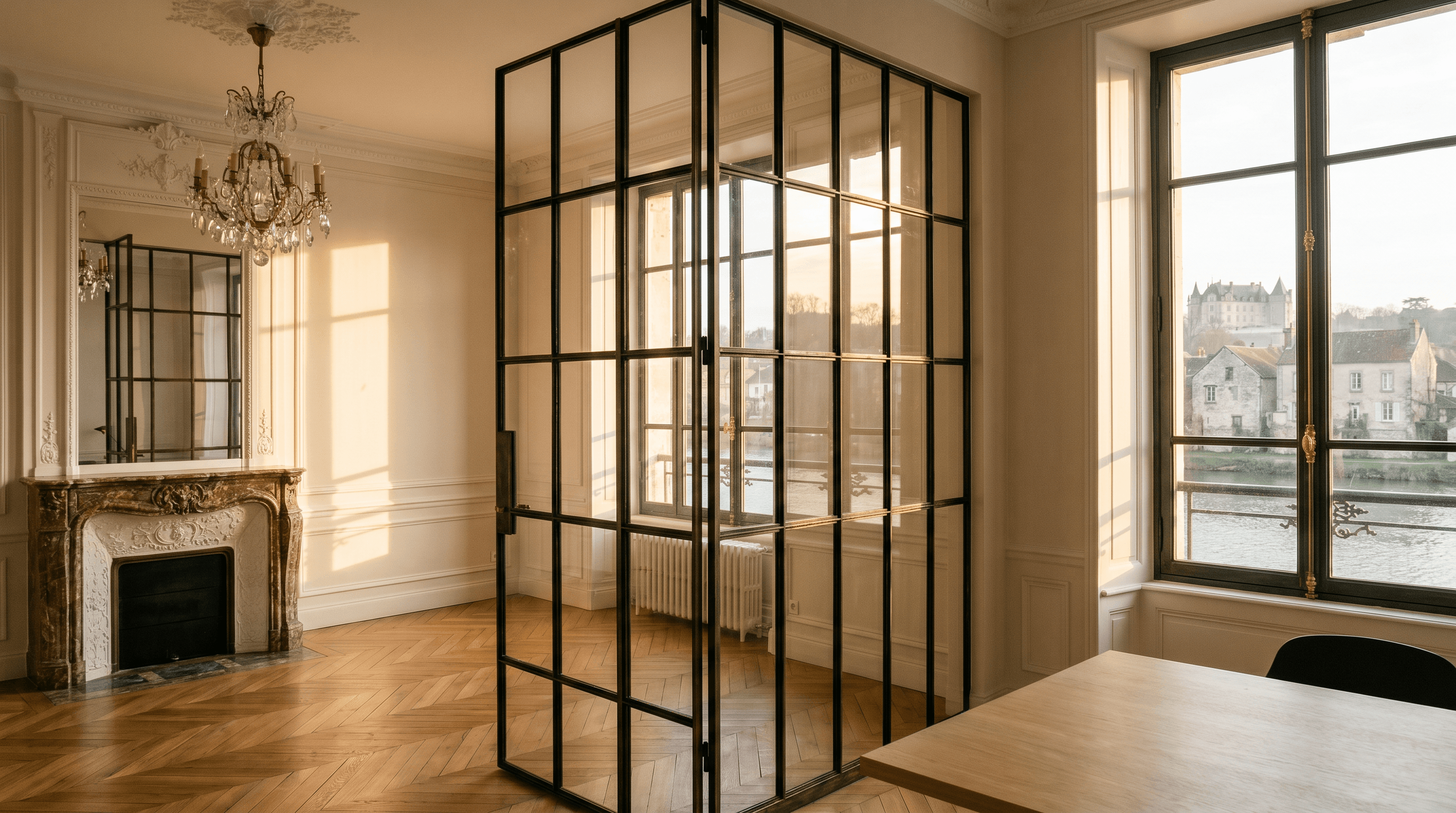 Verrière atelier maison pierre calcaire cœur villageois Précy-sur-Oise 60460 bord Oise — profil acier S235JR 40 mm patine bronze antique sur mesure + laiton fait main fonderie Bois-d'Arcy + verre clair feuilleté Saint-Gobain Diamant 8+8 mm — ABF église Saint-Pierre Saint-Paul XIIe-XIIIe MH + château Précy XVIIIe accepté 1ère instruction