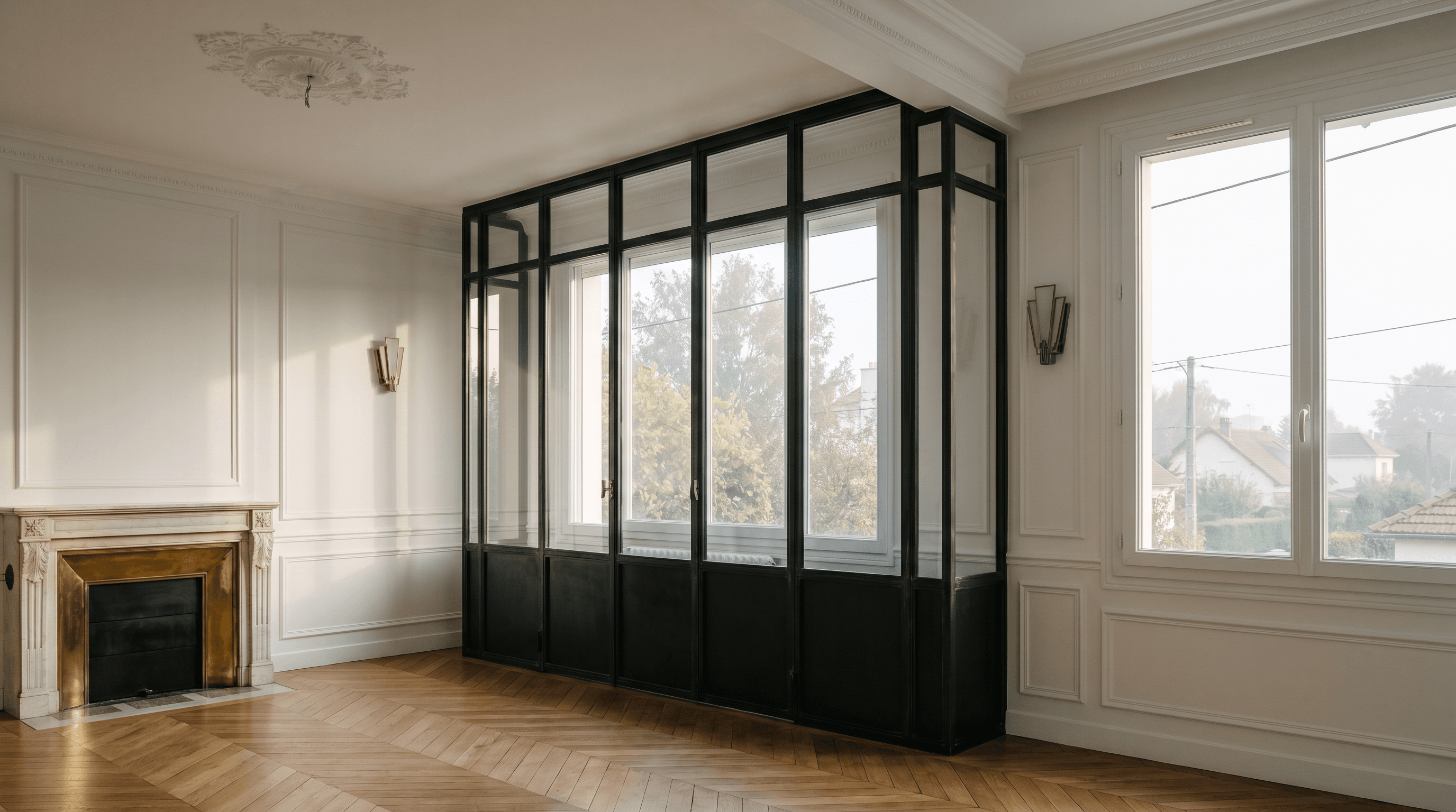 Verrière atelier maison meulière 1928 cité cheminote Fontenay-le-Fleury 78330 Yvelines — profil acier 40 mm patine bronze antique sur mesure + laiton fait main fonderie Bois-d'Arcy 4 km + verre clair feuilleté Saint-Gobain Diamant 8+8 mm — ABF Saint-Germain-l'Auxerrois XIIe accepté 1ère instruction