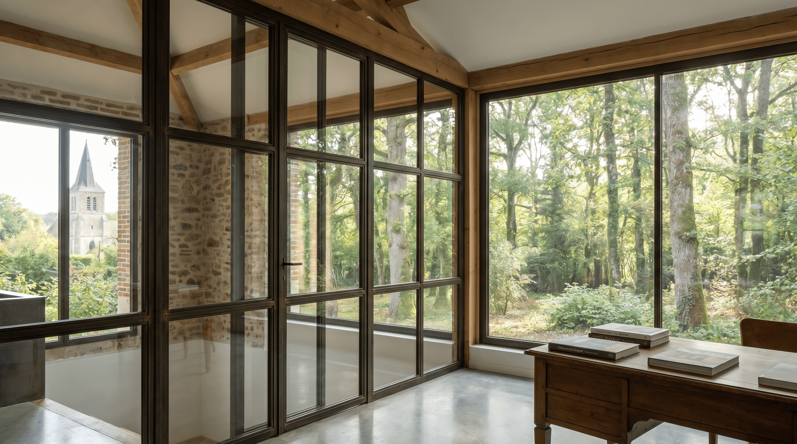 Verrière atelier maison cadres Paris Montsoult 95560 voisinage église Saint-Aubin XIIIe-XVIe MH gothique rayonnant + flamboyant + château XVIIIe — profil acier 40 mm patine bronze antique sur mesure + laiton fait main fonderie Bois-d'Arcy + verre clair feuilleté Saint-Gobain Diamant 8+8 mm — atelier Bruyères-sur-Oise 8 km TRÈS PROCHE