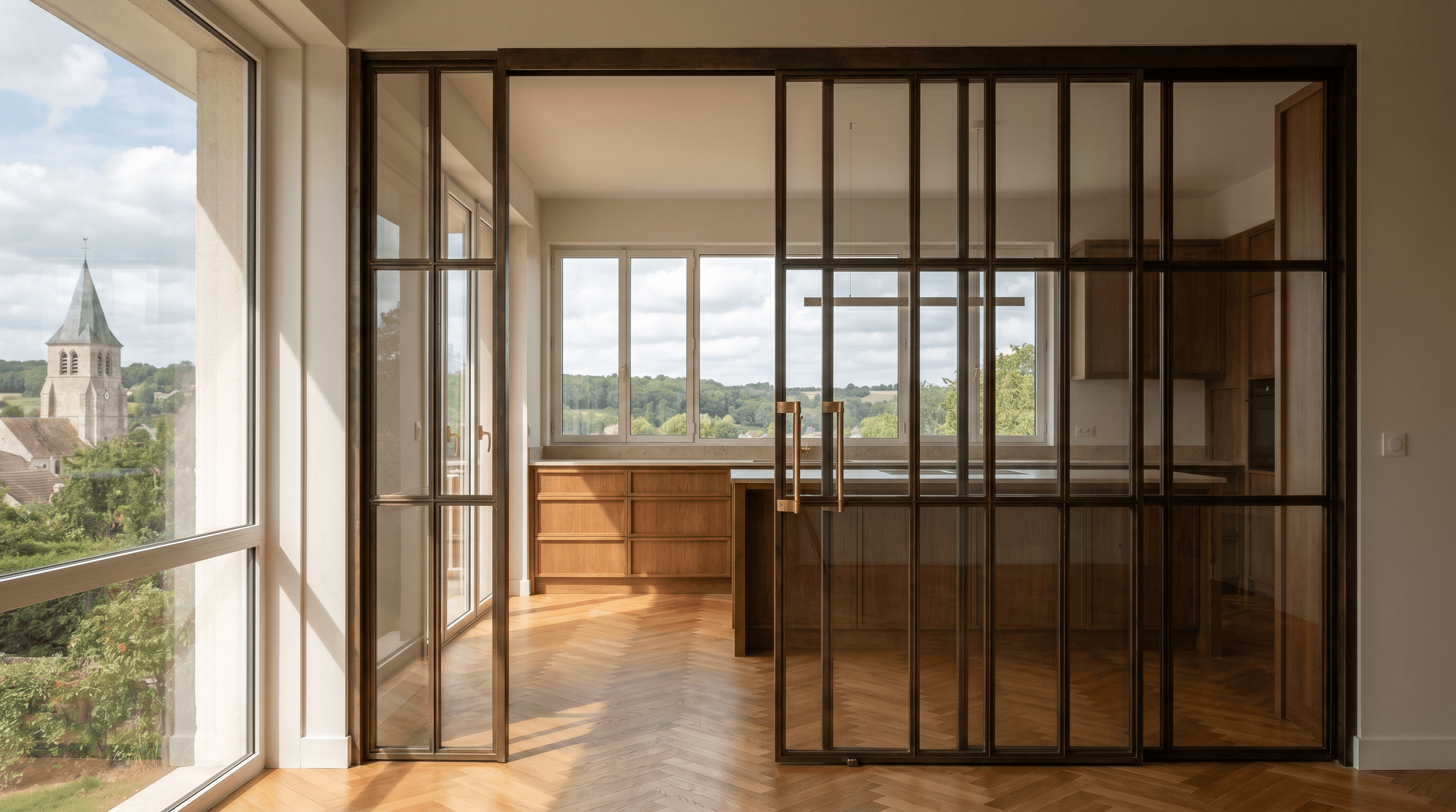 Véranda extension toiture verrière acier S235JR sur mesure structure IPN 80×40 + vitrage Saint-Gobain Cool-Lite SKN 165 8+12+8 thermique Uw 1,4 W/m²K — maison Longjumeau (Essonne) — atelier AZ Construction Bruyères-sur-Oise 75 km via A86 + A6 — conformité DTU 39 menuiserie acier + DTU 33.1 verrière + RE2020