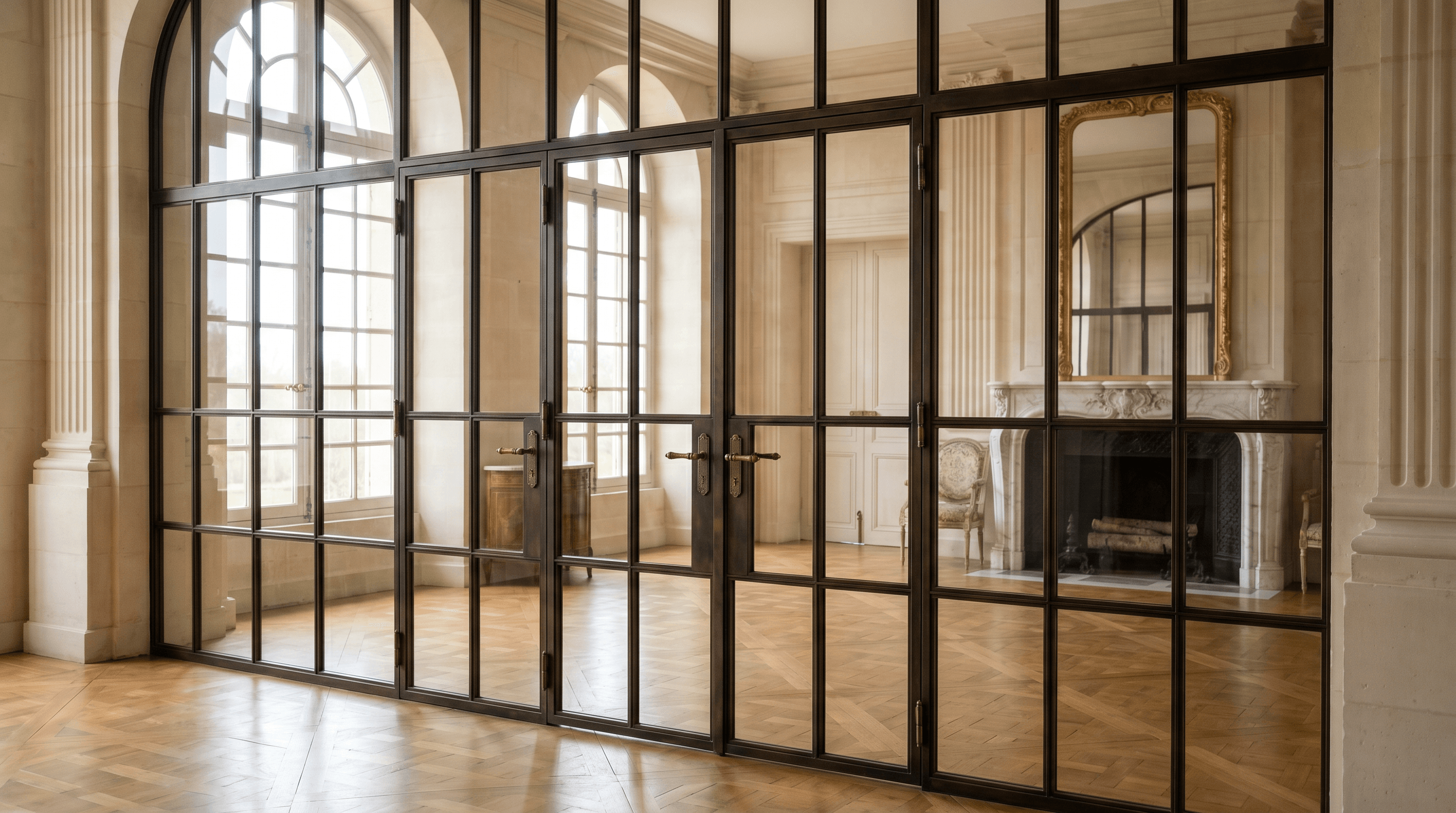 Verrière atelier longère Yvelines ouest Garancières 78890 — profil acier S235JR T 40×40 mm patine bronze antique sur mesure + laiton fait main fonderie Bois-d'Arcy + verre clair feuilleté Saint-Gobain Diamant 8+8 mm — ABF église Saint-Pierre XIIe-XVIe MH accepté 1ère instruction