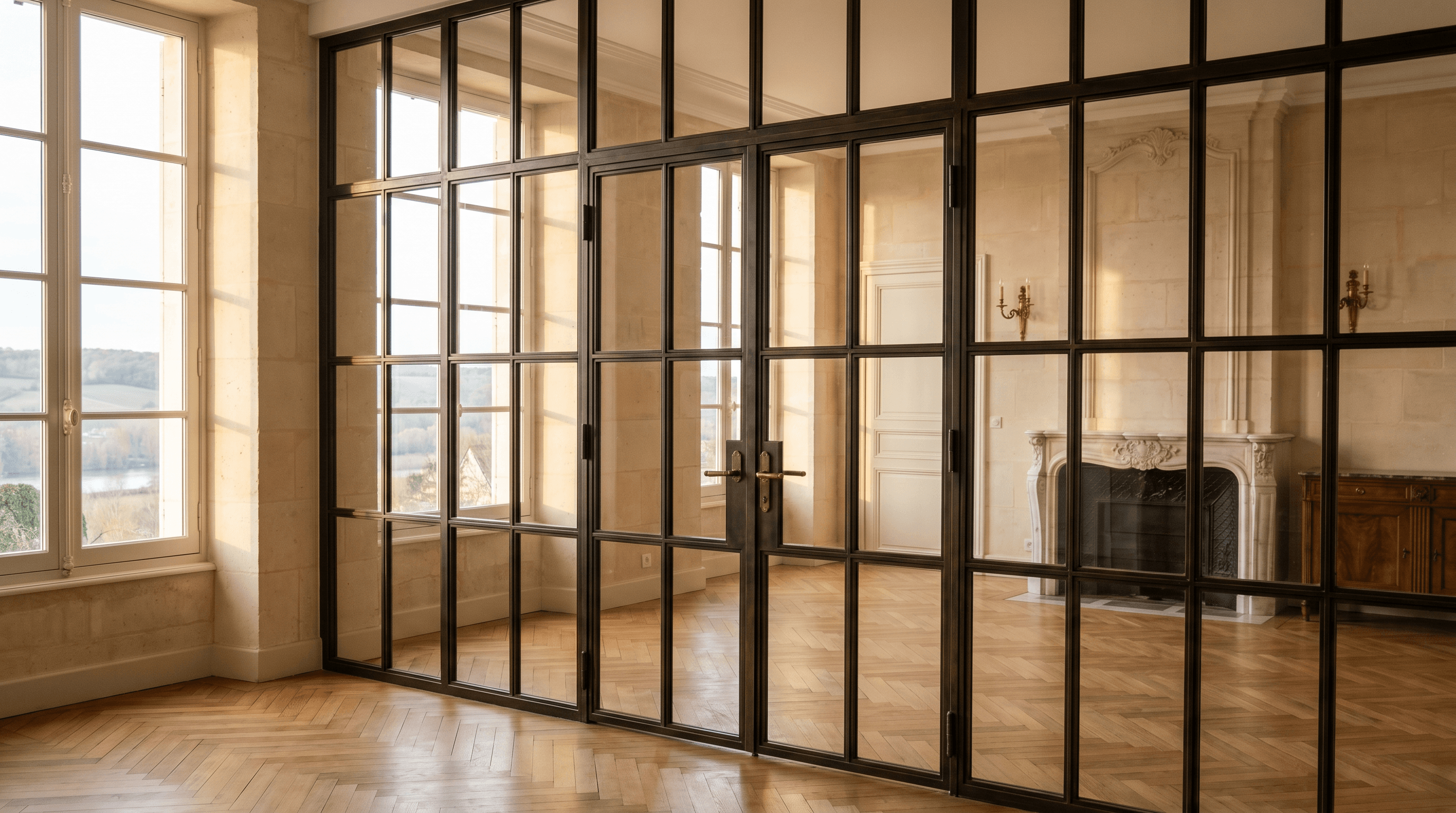 Verrière atelier maison bourgeoise bord de Seine Gargenville 78440 Yvelines — profil acier S235JR T 40×40 mm patine bronze antique sur mesure + laiton fait main fonderie Bois-d'Arcy + verre Saint-Gobain Diamant 8+8 mm — ABF Saint-Martin XIIe-XVIe accepté 1ère instruction