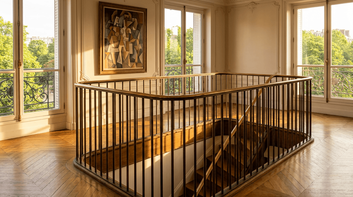 Garde-corps Haussmannien escalier intérieur acier S235JR T 40×40 patine bronze antique + main courante laiton — appartement Paris 6e Saint-Germain-des-Prés (Luxembourg) — AZ Construction Bruyères-sur-Oise — conformité NF P01-012