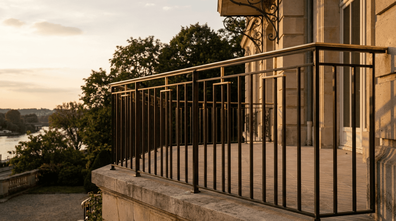 Garde-corps verre feuilleté Stadip 8+8 + acier S235JR patine bronze + main courante laiton — villa Le Vésinet (Yvelines 78, Seine, parc) — AZ Construction Bruyères-sur-Oise — conformité NF P01-012