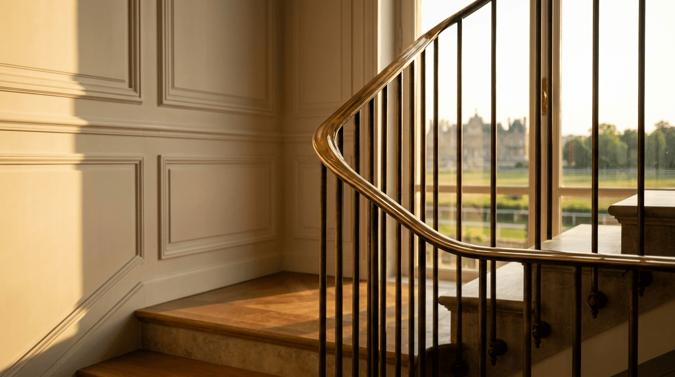 Garde-corps verre feuilleté Stadip 8+8 + acier S235JR patine bronze + main courante laiton — résidence Maisons-Laffitte (Yvelines 78, château + hippodrome) — AZ Construction Bruyères-sur-Oise — conformité NF P01-012