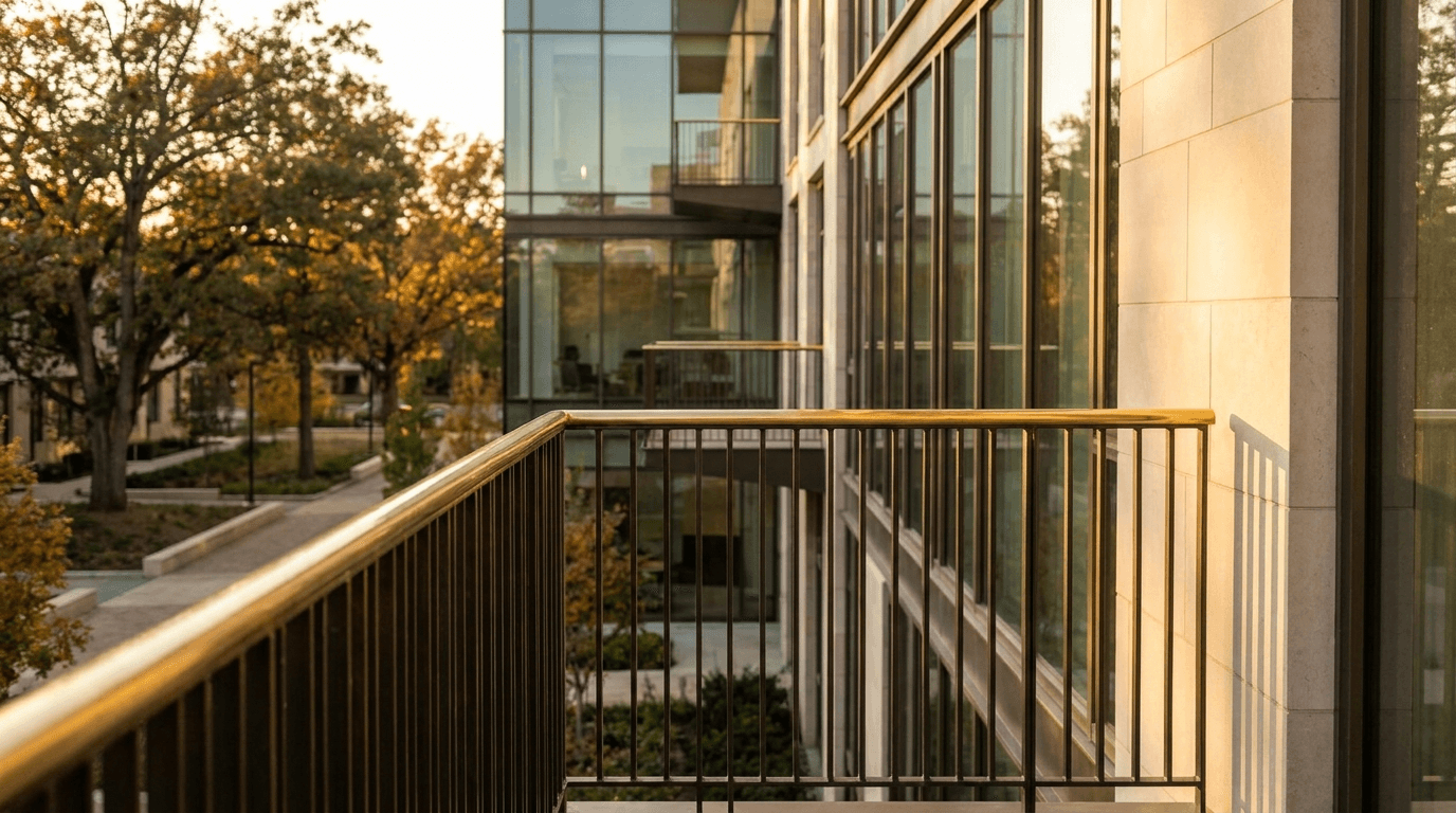 Garde-corps verre feuilleté Stadip 8+8 + acier S235JR patine bronze + main courante laiton — résidence Saclay (Essonne 91, École Polytechnique, campus scientifique) — AZ Construction Bruyères-sur-Oise — conformité NF P01-012
