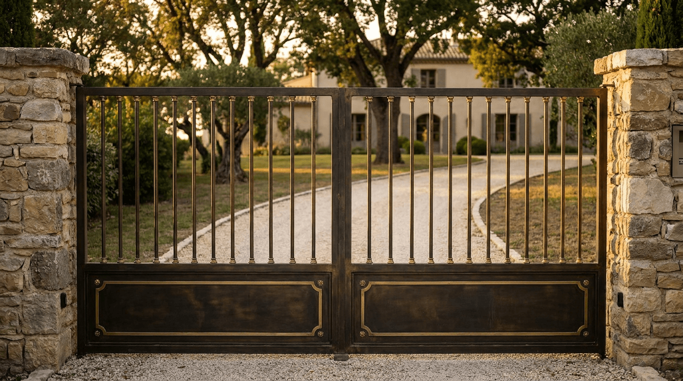Portail entrée acier S235JR T 30×30 double vantail patine bronze antique + ornements laiton — pavillon Sainte-Geneviève-des-Bois (Essonne 91) — AZ Construction Bruyères-sur-Oise — conformité EN 13241