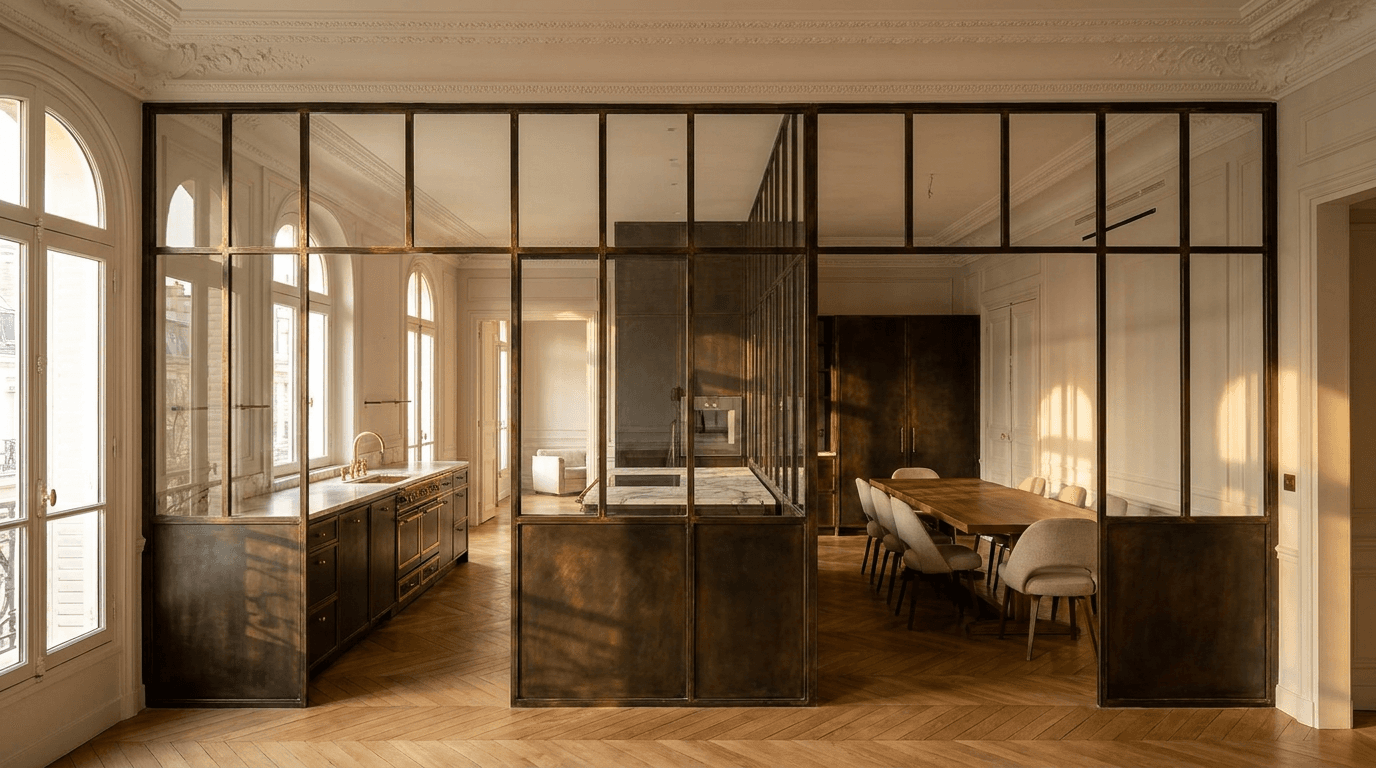 Verrière atelier cuisine ouverte acier S235JR vertical mullions patine bronze antique + vitrage Saint-Gobain Diamant 8+8 laminé sécurit — appartement Paris 9e Opéra Haussmannien — AZ Construction Bruyères-sur-Oise — conformité DTU 39