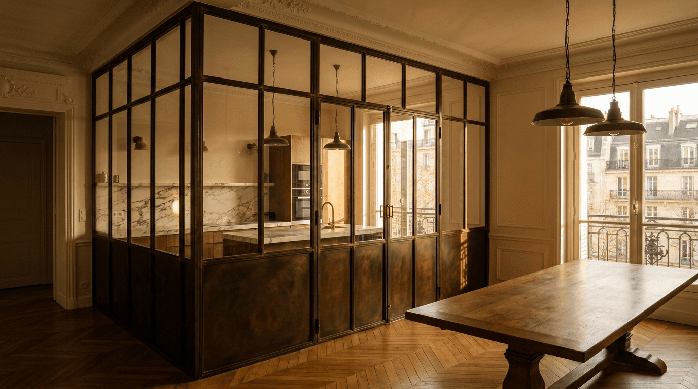 Verrière atelier cuisine ouverte acier S235JR vertical mullions patine bronze antique + vitrage Saint-Gobain Diamant 8+8 laminé sécurit — appartement Paris 10e Canal Saint-Martin — AZ Construction Bruyères-sur-Oise — conformité DTU 39