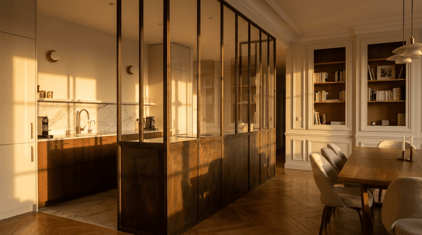 Verrière atelier cuisine ouverte acier S235JR vertical mullions patine bronze antique + vitrage Saint-Gobain Diamant 8+8 laminé sécurit — appartement Paris 13e Place d'Italie — AZ Construction Bruyères-sur-Oise — conformité DTU 39