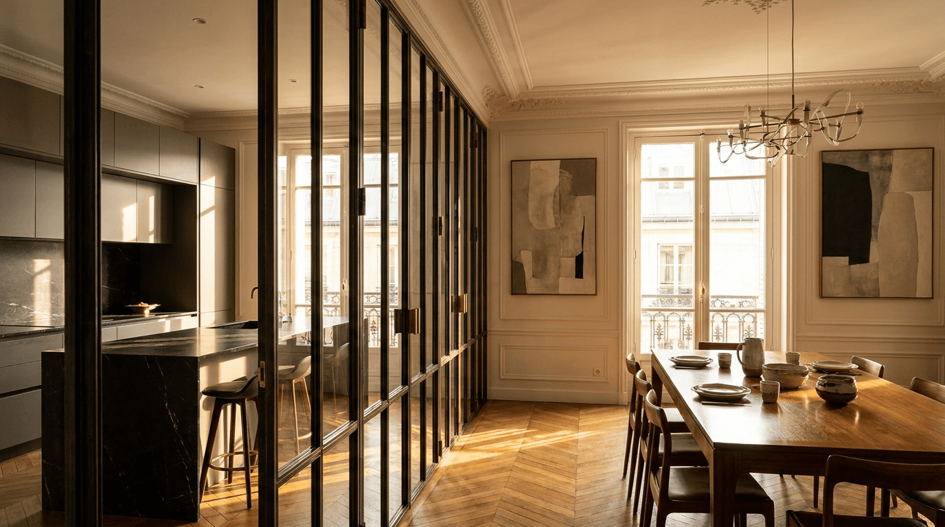 Verrière atelier cuisine ouverte acier S235JR vertical mullions patine bronze antique + vitrage Saint-Gobain Diamant 8+8 laminé sécurit — appartement Paris 17e Batignolles art contemporain — AZ Construction Bruyères-sur-Oise — conformité DTU 39