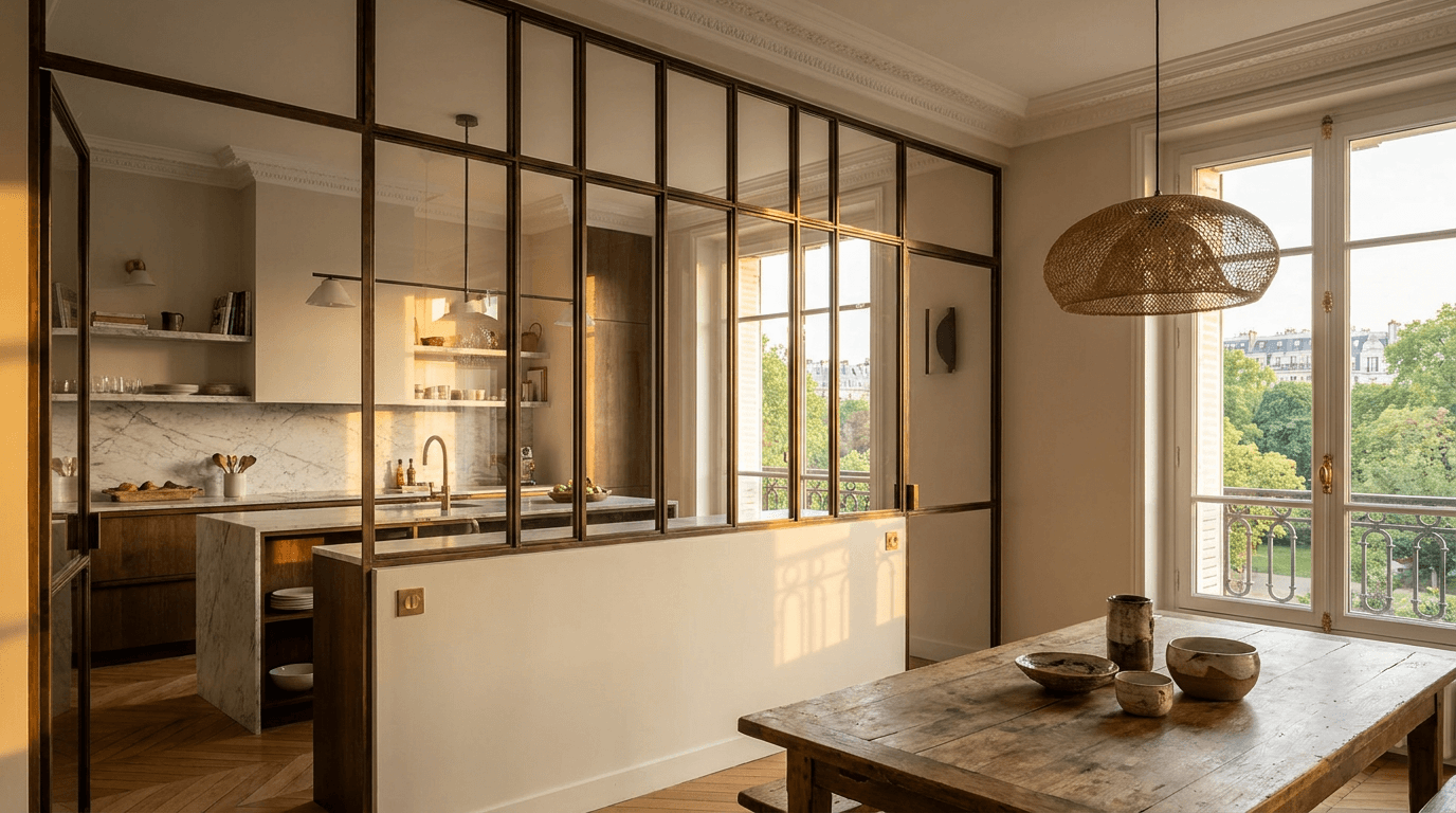 Verrière atelier cuisine ouverte acier S235JR vertical mullions patine bronze antique + vitrage Saint-Gobain Diamant 8+8 laminé sécurit — appartement Paris 19e Buttes-Chaumont vue parc — AZ Construction Bruyères-sur-Oise — conformité DTU 39