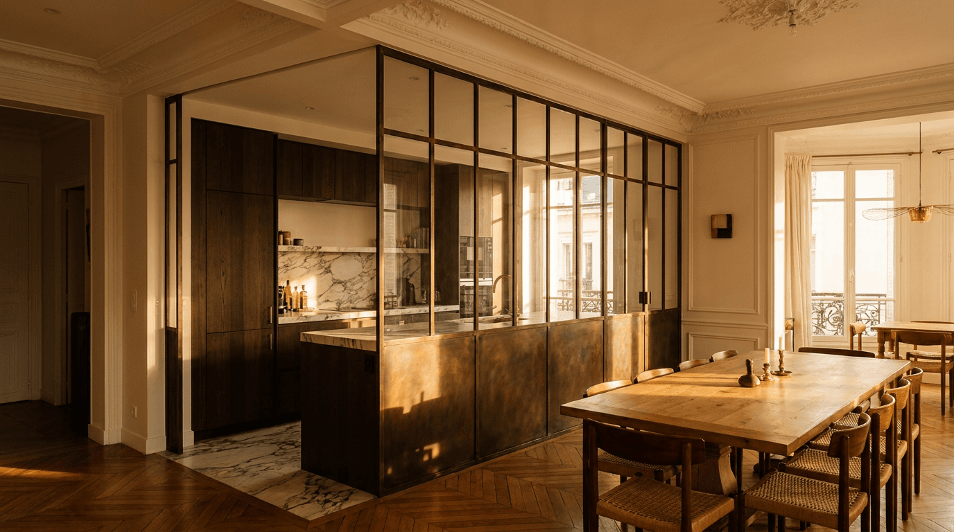 Verrière atelier cuisine ouverte acier S235JR vertical mullions patine bronze antique + vitrage Saint-Gobain Diamant 8+8 laminé sécurit — appartement Paris 20e Père-Lachaise loft bohème — AZ Construction Bruyères-sur-Oise — conformité DTU 39