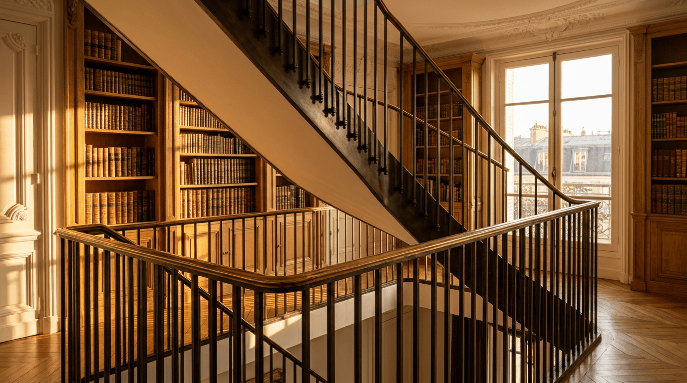 Garde-corps Haussmannien escalier intérieur acier S235JR T 40×40 patine bronze antique + main courante laiton — appartement Paris 13e Place d'Italie (bookshelves Butte aux Cailles) — AZ Construction Bruyères-sur-Oise — conformité NF P01-012