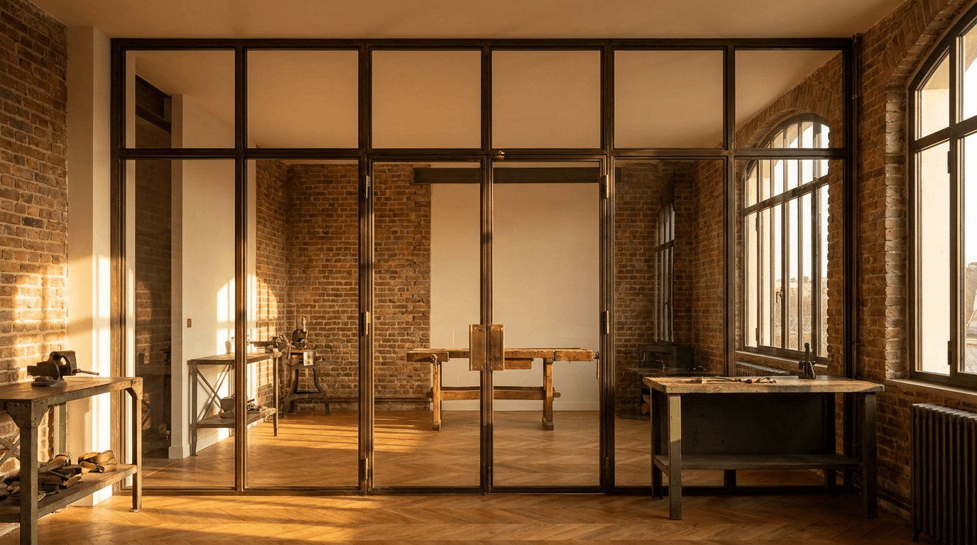 Verrière atelier cuisine ouverte acier S235JR vertical mullions patine bronze antique + vitrage Saint-Gobain Diamant 8+8 laminé sécurit — loft industriel Montreuil (Seine-Saint-Denis 93, briques apparentes artistes) — AZ Construction Bruyères-sur-Oise — conformité DTU 39