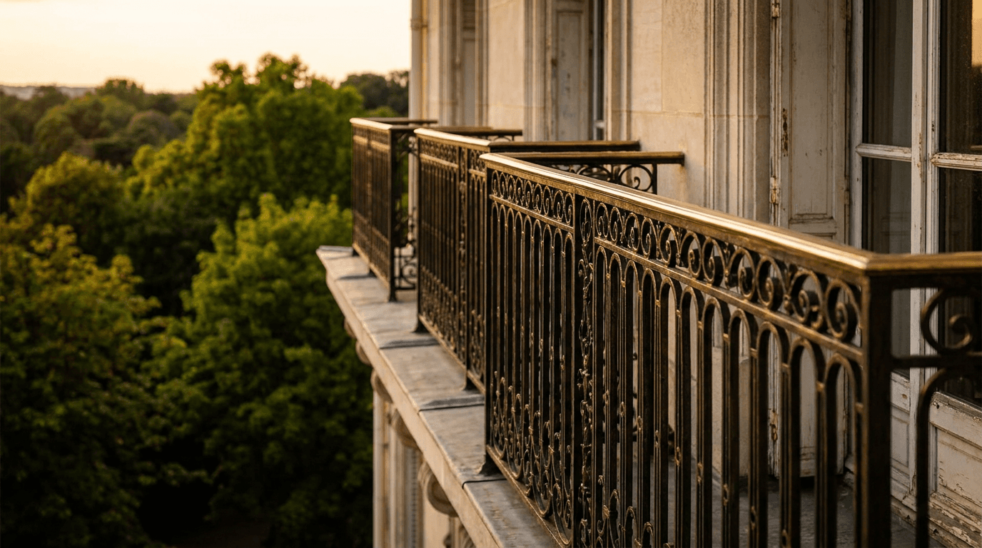 Garde-corps verre feuilleté Stadip 8+8 + acier S235JR patine bronze + main courante laiton — appartement Saint-Mandé (Val-de-Marne 94, Bois de Vincennes vue) — AZ Construction Bruyères-sur-Oise — conformité NF P01-012