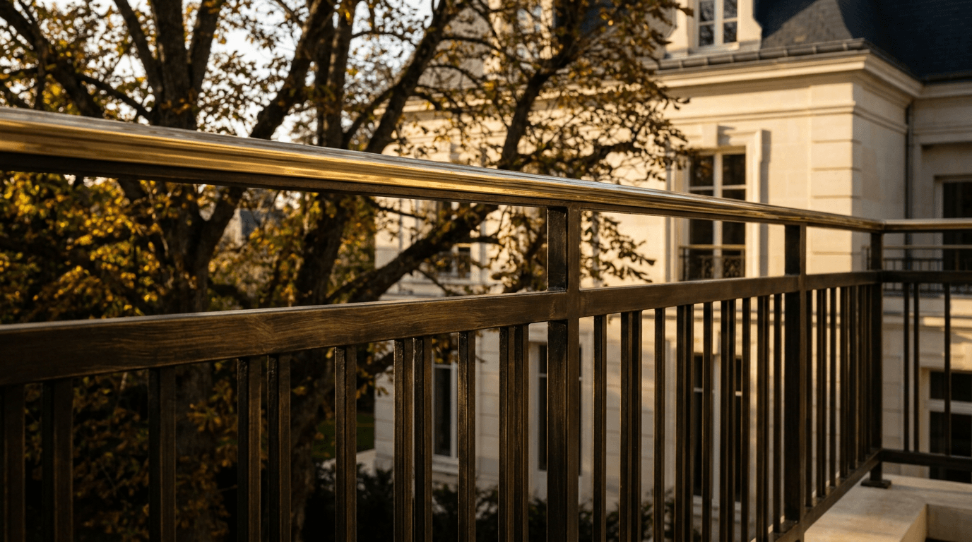 Verrière atelier acier S235JR vertical mullions patine bronze antique + vitrage Saint-Gobain Diamant 8+8 laminé sécurit — villa Saint-Ouen-l'Aumône (Val-d'Oise 95) — AZ Construction Bruyères-sur-Oise — conformité DTU 39