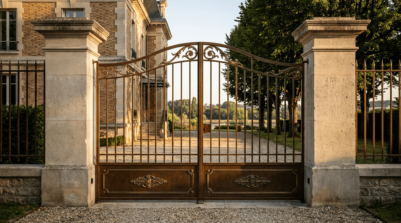 Portail entrée acier S235JR T 30×30 double vantail patine bronze antique + ornements laiton — résidence Bourg-la-Reine (Hauts-de-Seine 92, villa résidentielle) — AZ Construction Bruyères-sur-Oise — conformité EN 13241
