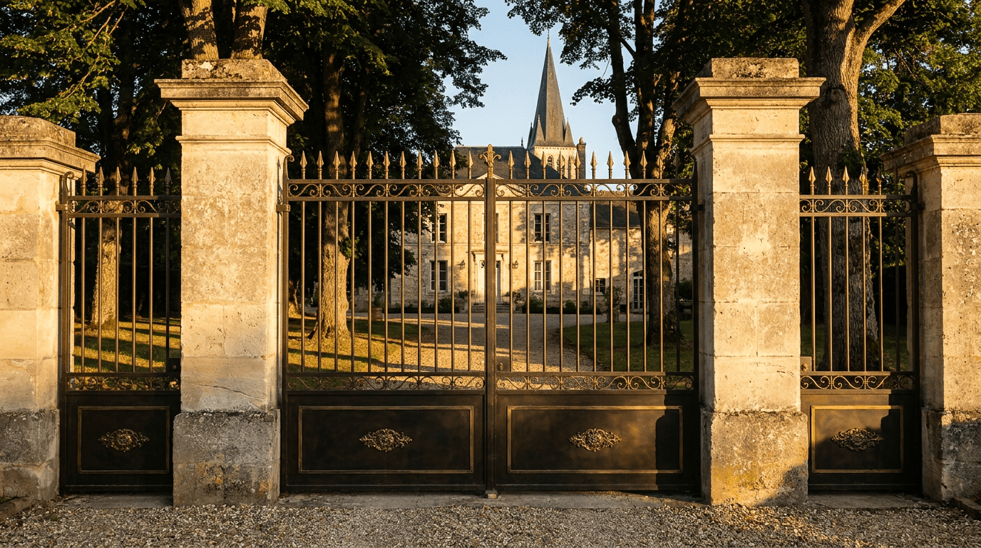 Portail entrée acier S235JR T 30×30 double vantail patine bronze antique + ornements laiton — résidence Mantes-la-Jolie (Yvelines 78, collégiale Notre-Dame) — AZ Construction Bruyères-sur-Oise — conformité EN 13241