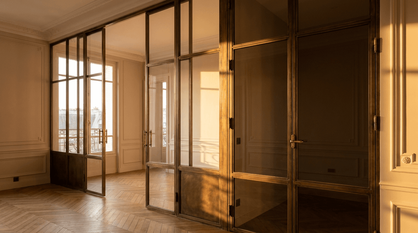 Verrière atelier cuisine ouverte acier S235JR vertical mullions patine bronze antique + vitrage Saint-Gobain Diamant 8+8 laminé sécurit — appartement Clichy (Hauts-de-Seine 92, parquet point de Hongrie Haussmannien) — AZ Construction Bruyères-sur-Oise — conformité DTU 39