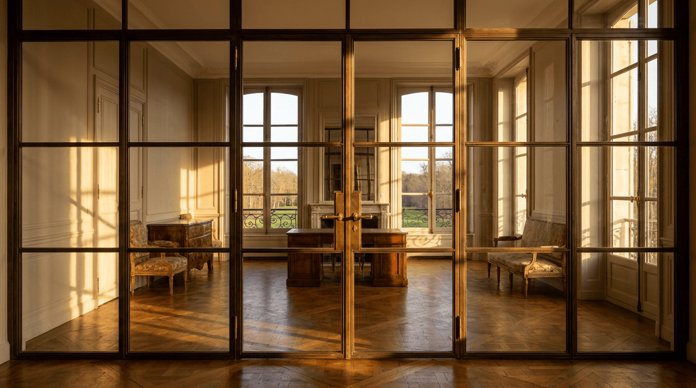 Verrière atelier acier S235JR vertical mullions patine bronze antique + vitrage Saint-Gobain Diamant 8+8 laminé sécurit — résidence Sceaux (Hauts-de-Seine 92, parc + Louis XIV, parquet versailles) — AZ Construction Bruyères-sur-Oise — conformité DTU 39