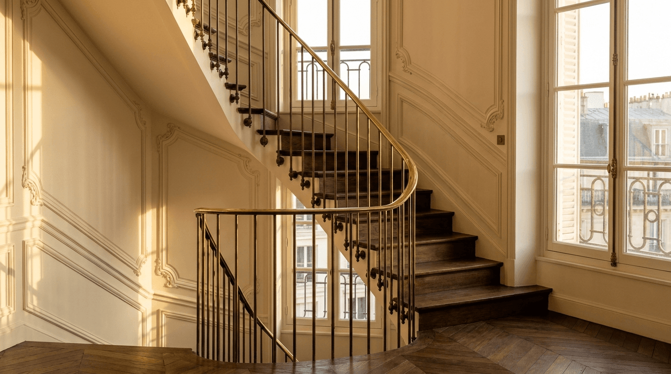 Garde-corps Haussmannien escalier intérieur acier S235JR T 40×40 patine bronze antique + main courante laiton — appartement Paris 17e Batignolles (Ternes, Monceau, parquet versailles) — AZ Construction Bruyères-sur-Oise — conformité NF P01-012