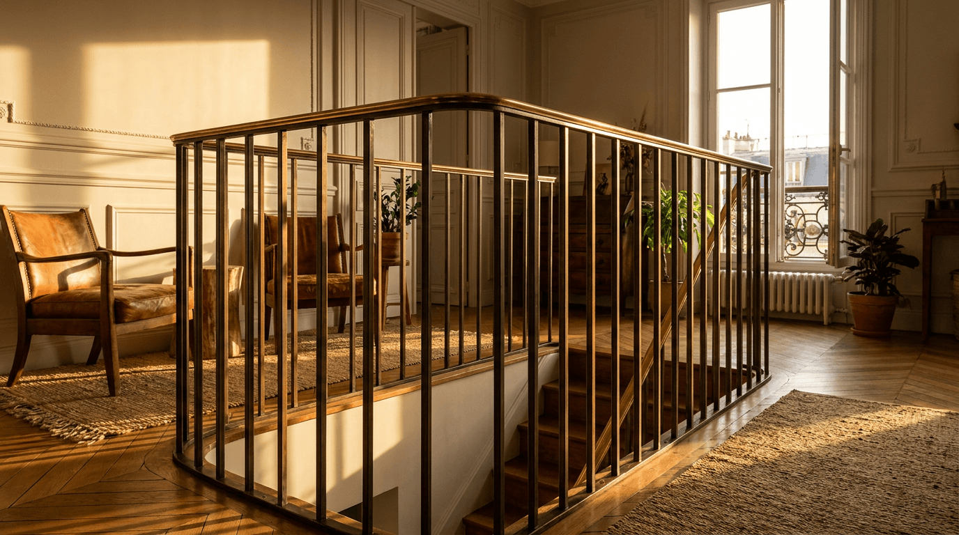 Garde-corps Haussmannien escalier intérieur acier S235JR T 40×40 patine bronze antique + main courante laiton — appartement Paris 20e Père-Lachaise (Belleville, Ménilmontant loft bohème) — AZ Construction Bruyères-sur-Oise — conformité NF P01-012