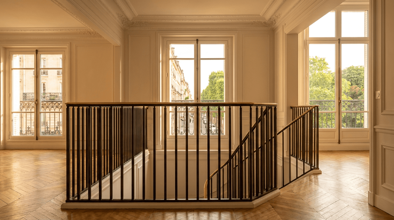 Garde-corps Haussmannien escalier intérieur acier S235JR T 40×40 patine bronze antique + main courante laiton — appartement Paris 19e Buttes-Chaumont (vue parc, parquet point de Hongrie) — AZ Construction Bruyères-sur-Oise — conformité NF P01-012