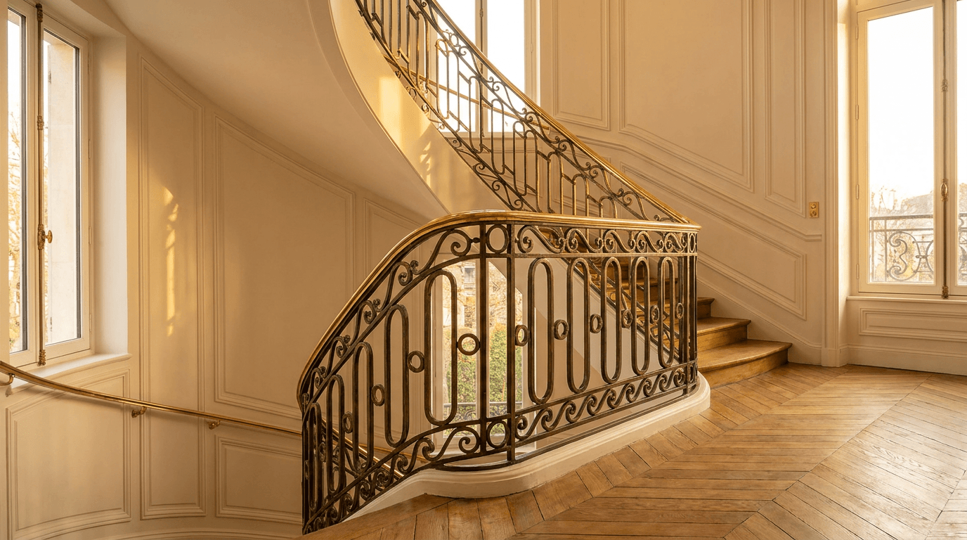 Garde-corps Haussmannien escalier intérieur acier S235JR T 40×40 patine bronze antique + main courante laiton — résidence Châtenay-Malabry (Hauts-de-Seine 92, parquet versailles classique) — AZ Construction Bruyères-sur-Oise — conformité NF P01-012