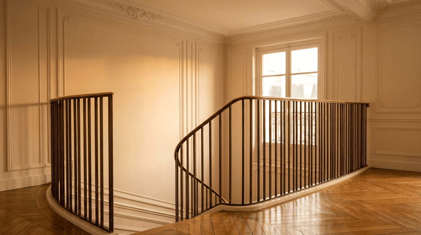 Garde-corps Haussmannien escalier intérieur acier S235JR T 40×40 patine bronze antique + main courante laiton — appartement Châtillon (Hauts-de-Seine 92, parquet point de Hongrie) — AZ Construction Bruyères-sur-Oise — conformité NF P01-012