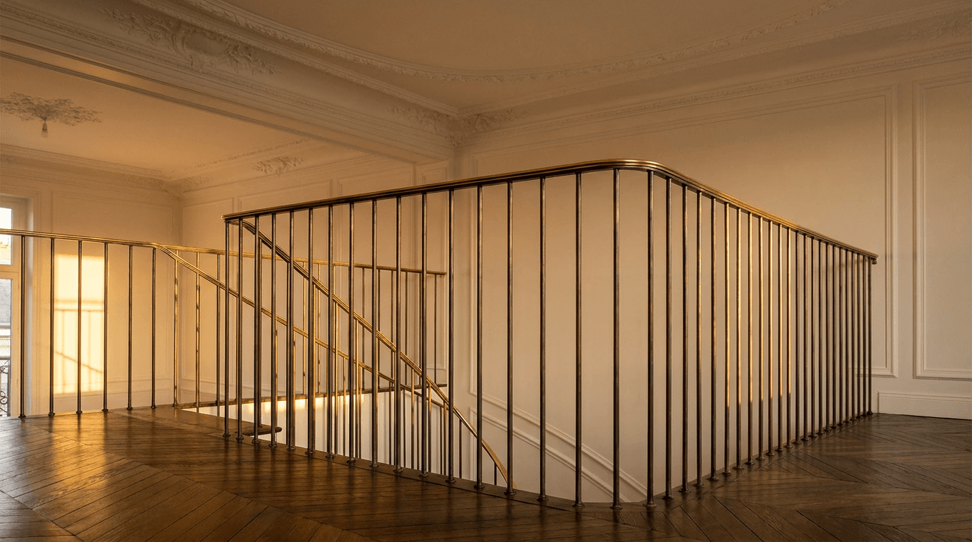 Garde-corps Haussmannien acier S235JR T 40×40 patine bronze + laiton — Arcueil (Val-de-Marne 94) — AZ Construction Bruyères-sur-Oise — NF P01-012