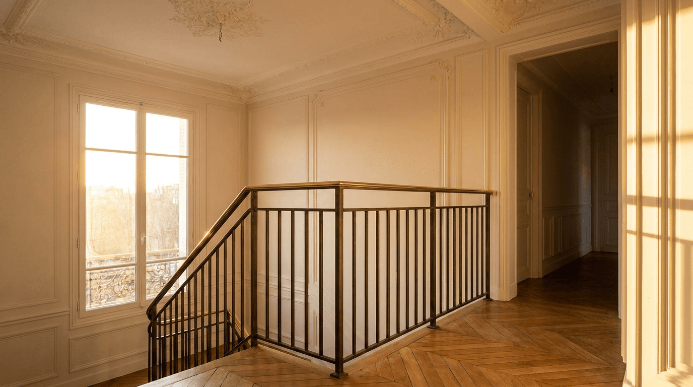 Garde-corps Haussmannien acier S235JR T 40×40 patine bronze + laiton — Cachan (Val-de-Marne 94) — AZ Construction Bruyères-sur-Oise — NF P01-012