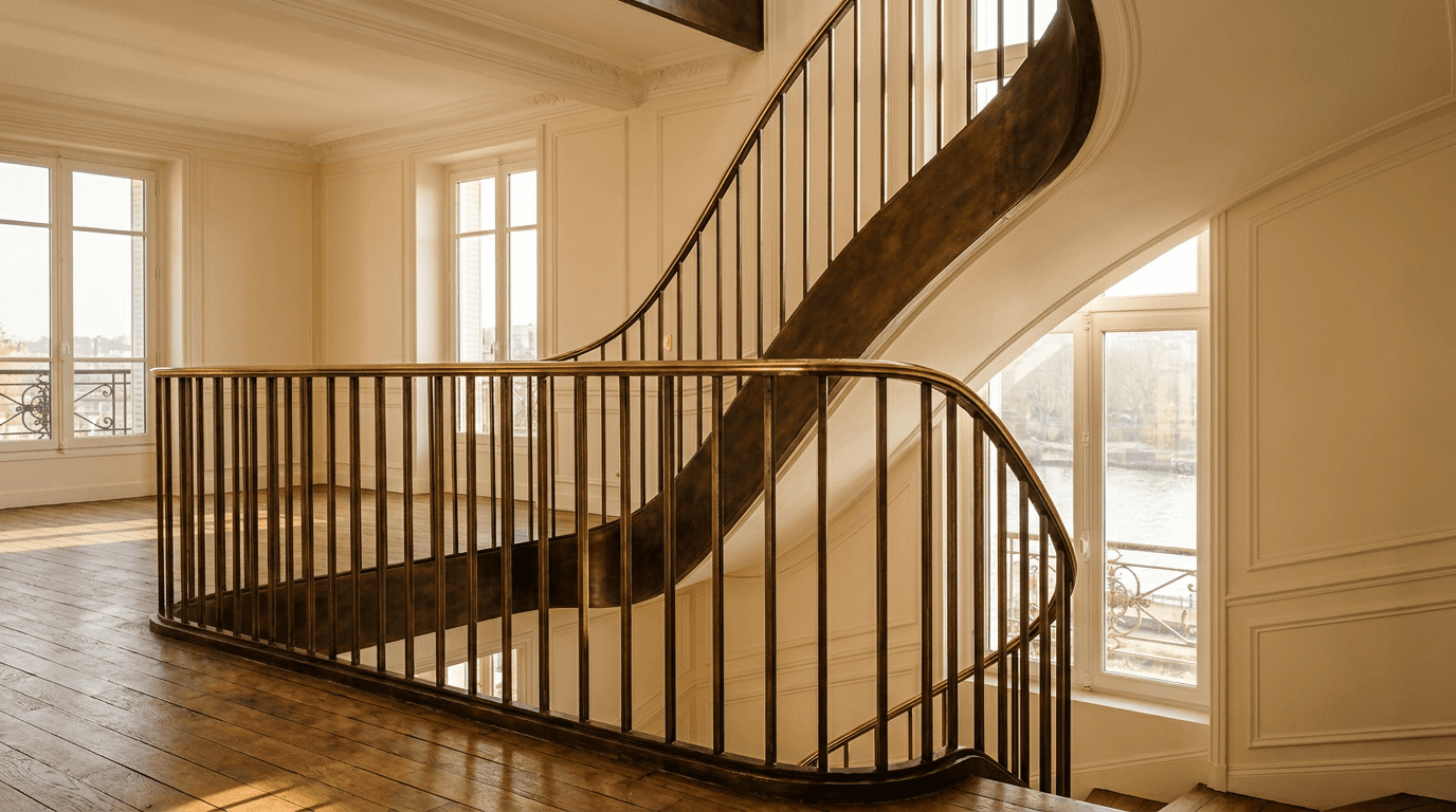 Garde-corps Haussmannien acier S235JR T 40×40 patine bronze + laiton — Ablon-sur-Seine (Val-de-Marne 94, Seine) — AZ Construction Bruyères-sur-Oise — NF P01-012