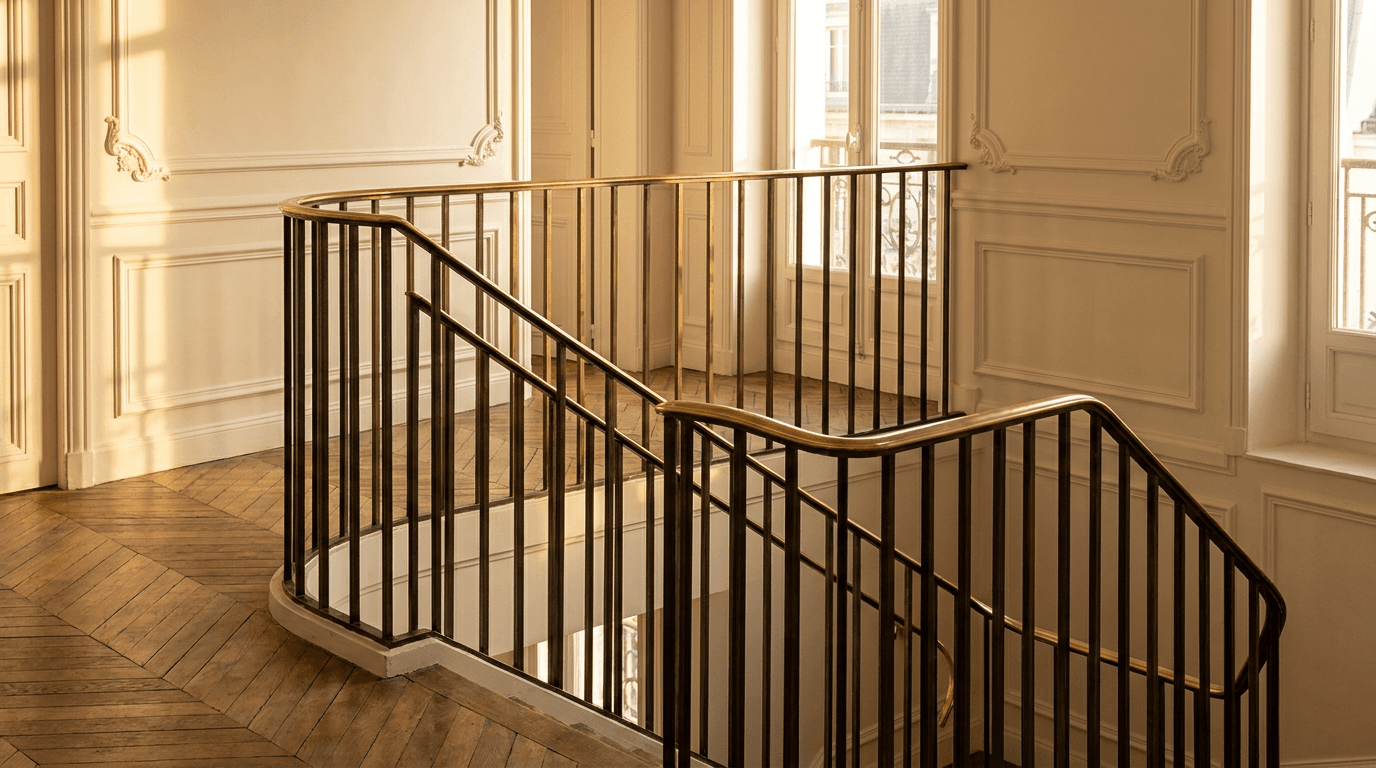 Garde-corps Haussmannien acier S235JR T 40×40 patine bronze + laiton — Bonneuil-sur-Marne (Val-de-Marne 94) — AZ Construction Bruyères-sur-Oise — NF P01-012