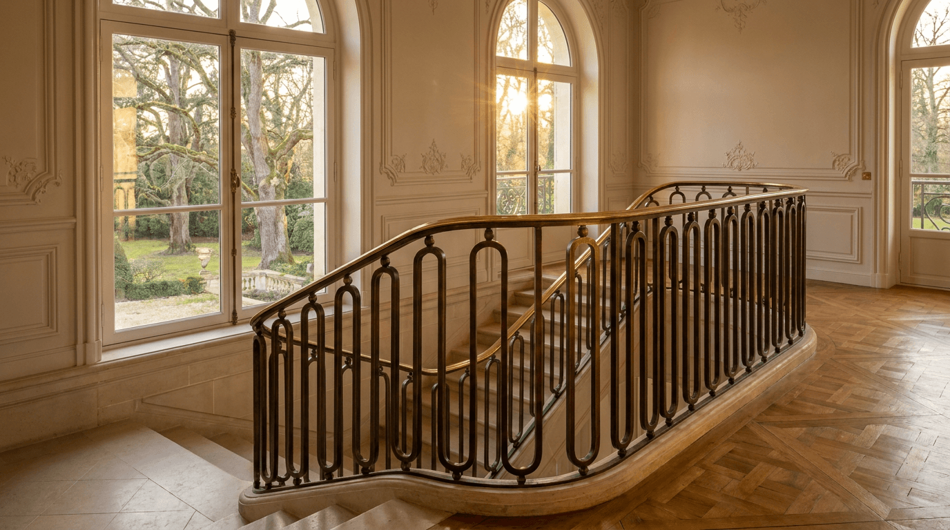 Garde-corps Haussmannien acier S235JR T 40×40 patine bronze + laiton — Andilly (Val-d'Oise 95, villa classique) — AZ Construction Bruyères-sur-Oise — NF P01-012
