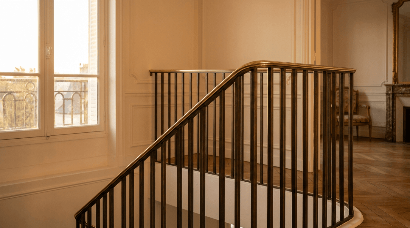 Garde-corps Haussmannien acier S235JR T 40×40 patine bronze + laiton — Eaubonne (Val-d'Oise 95) — AZ Construction Bruyères-sur-Oise — NF P01-012
